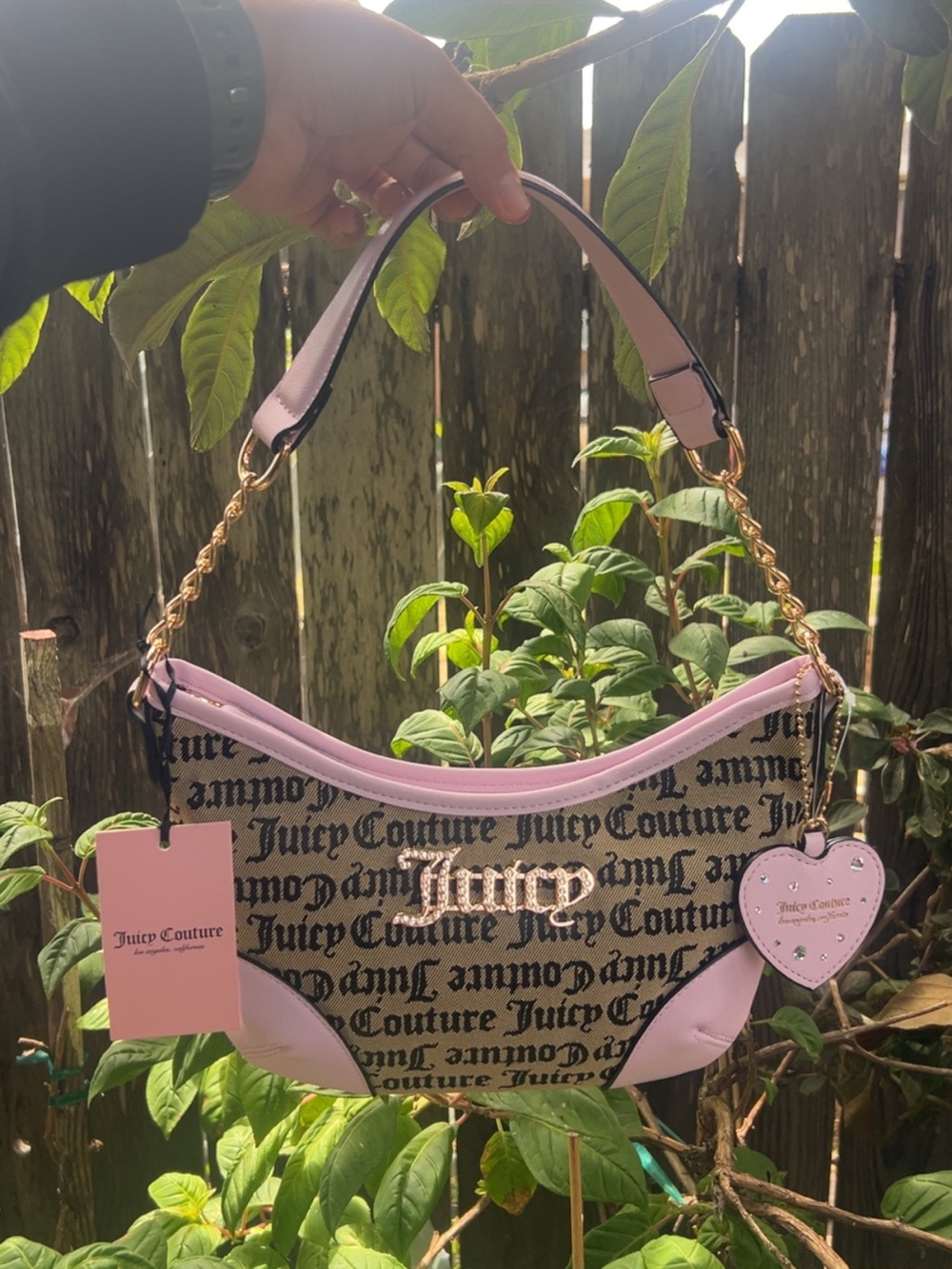 Juicy Couture Pink Logo Print Shoulder Bag with Heart Charm